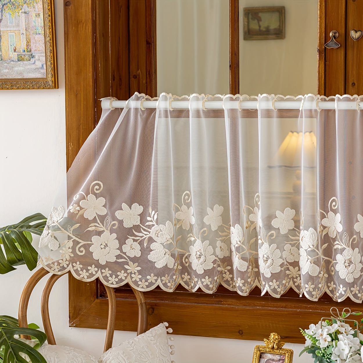 Image of 1panel Pastoral Embroidered Floral Curtain With Rod , Suitable For Living Room, Bedroom, Balcony, Kitchen Window Decor