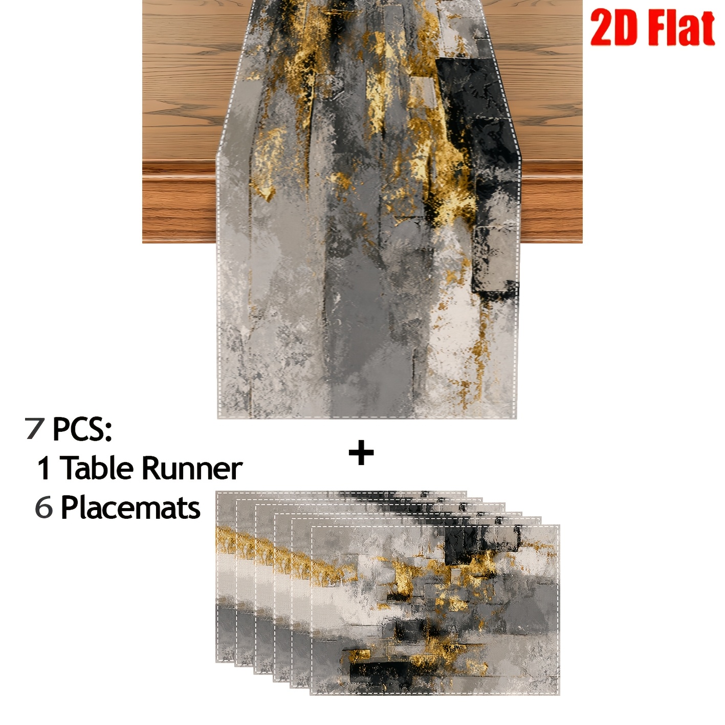 TEMU 5/7pcs, Modern Abstract Table Runner And Placemat Set, Black, Gray, And Art Print, Luxurious Decorative Placemats, Suitable For Kitchens, Dining