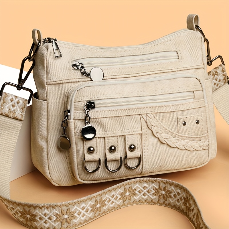 perfect lily womens bohemian vintage crossbody bag multi pocket adjustable shoulder bag synthetic leather compact purse for daily   travel beach gift for mom friends light brown gray white beige blue yellow beach carryall bag textured finish purse sturdy zipper closure secure snap pockets Product details 5