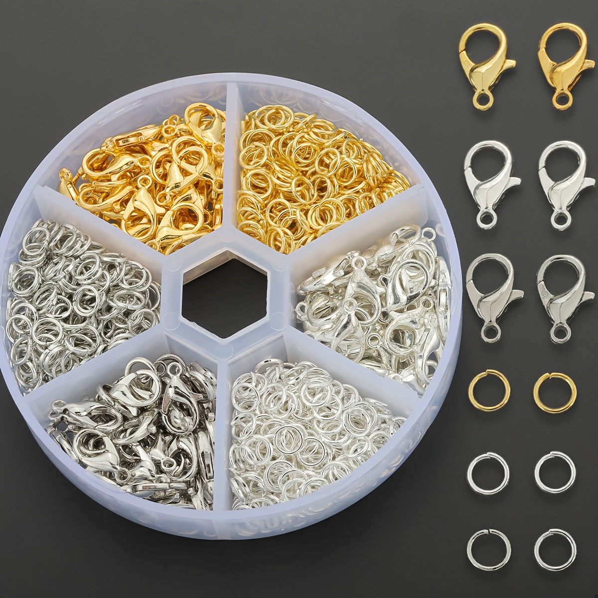 E-shop 390 Stück Goldene + Silberne + Weiße Karabinerverschlüsse und Biegeringe Combo, Enthält 60 Karabinerverschlüsse & 330 Biegeringe, Geeignet für