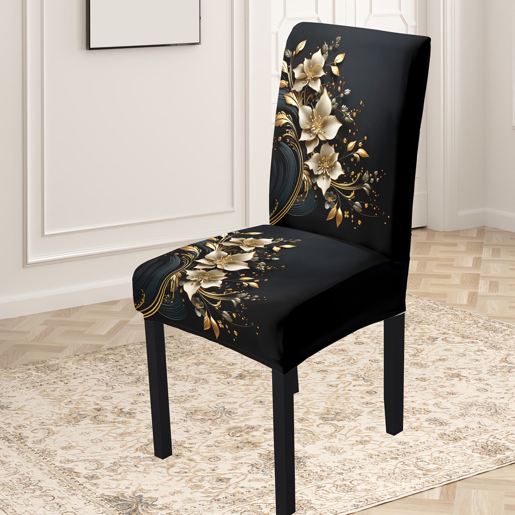 

Luxury Velvet Chair Cover With Digital Printing, Stretchy , Adjustable Strap, Easy To Clean, Black And Gold Floral Pattern