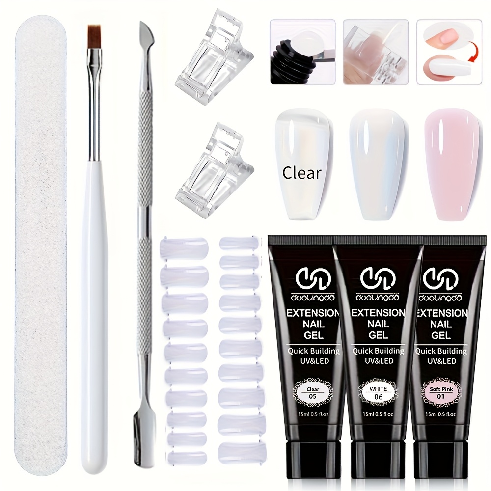 Image of Poly Nail Gel Kit, 3pcs Clear Pink White Colors Builder For Extension Set, Long Lasting Hard Gel For Nails , All In 1 Nail Thickening Solution Kit Salon Home French Manicure