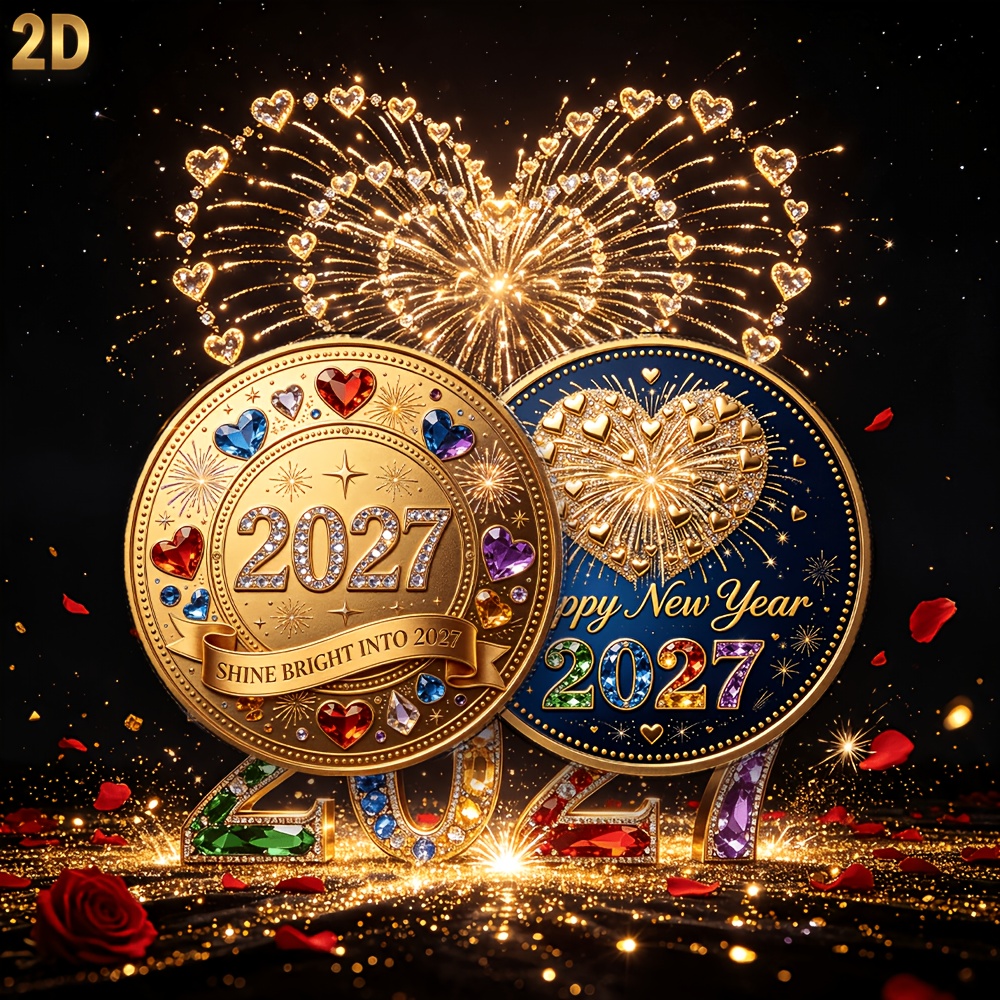 TEMU Replica Coin 1pc 1pcs 2027 New Year Commemorative Coin Suitable For New Year Celebrations & Collectors - Sparkling Heart Fireworks Coin With