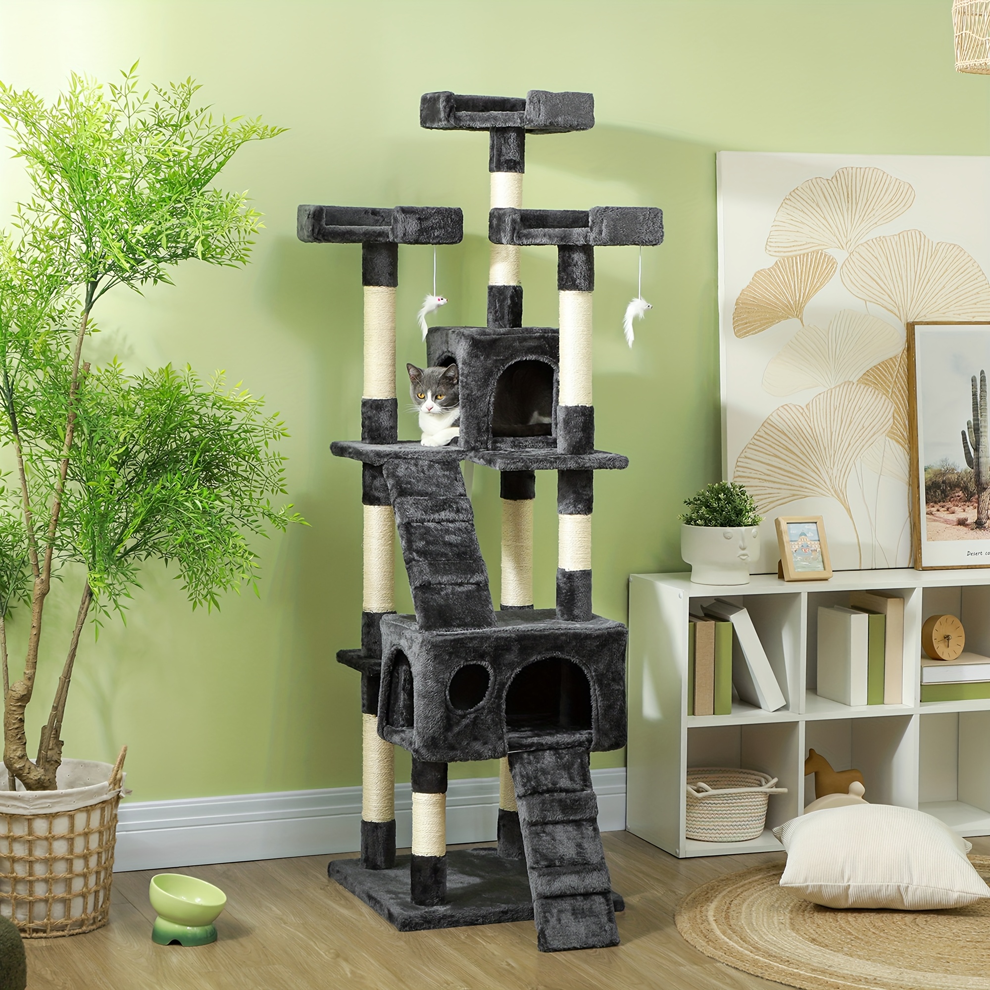 TEMU Pawhut Arbre à Chat 68 pouces, Grand Condo Tour à Chat Multi-Niveaux avec Griffoirs, Perchoirs, Maisons pour Chat, Jouet Suspendu