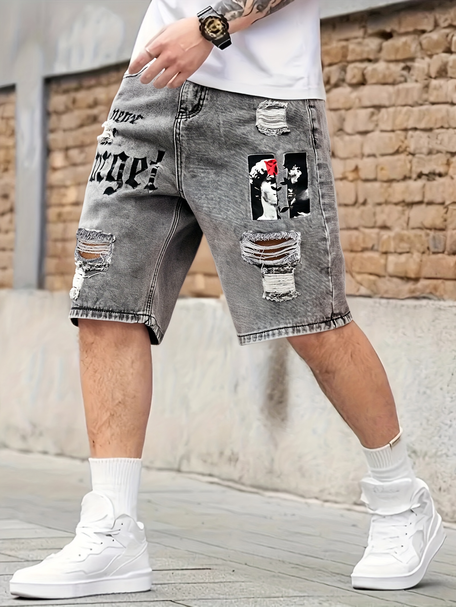 mens denim shorts printed ripped jeans summer - Temu South Africa