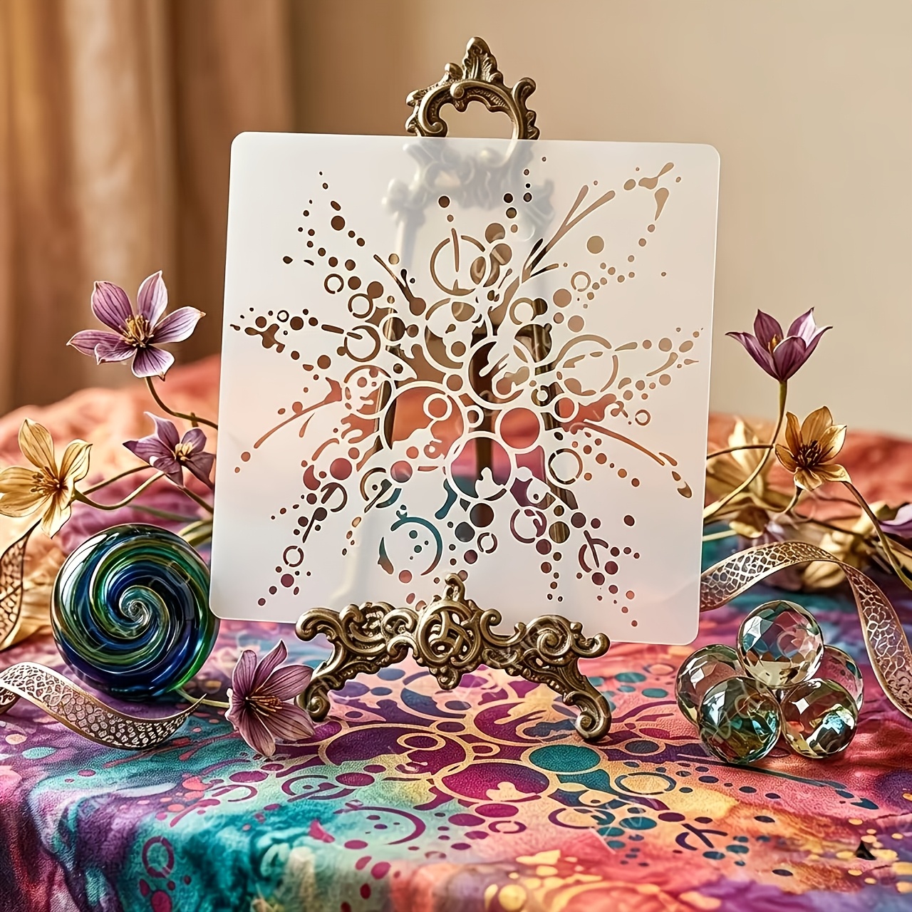 TEMU 1pc Square Abstract Firework Radial Dot Hollow-out Painting Stencil, Creative Ink Splatter Explosion Geometric Pattern. Suitable For Garment