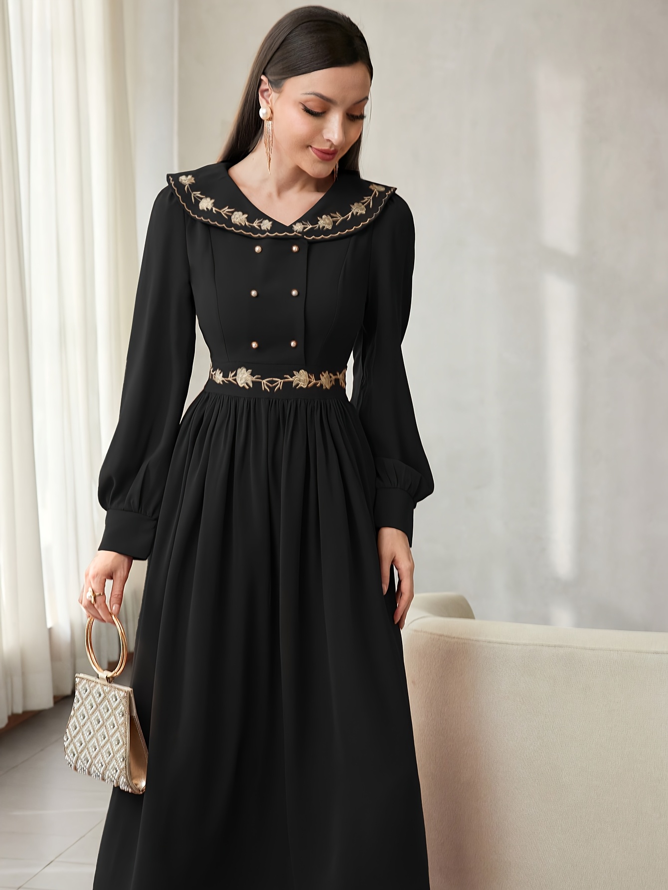 vintage a line maxi dress collar puffed sleeves elegant - Temu Oman