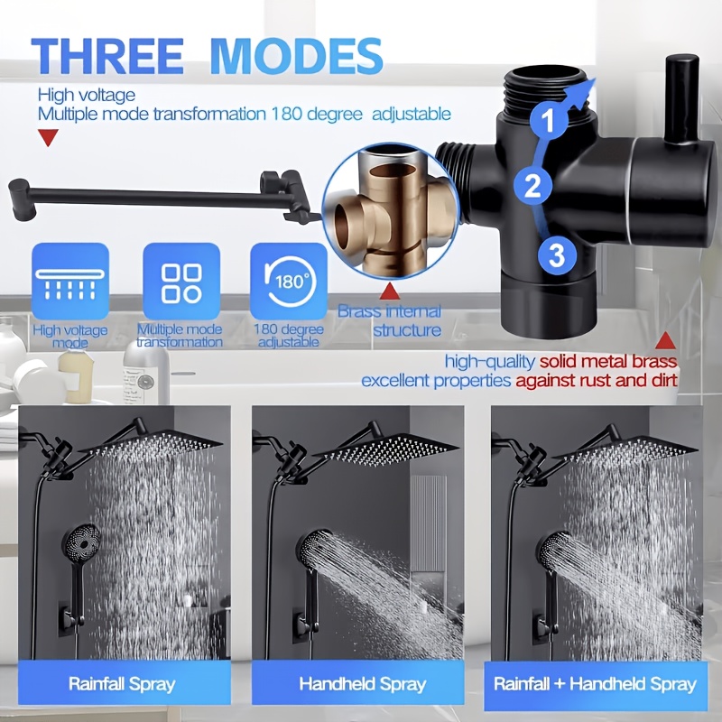 Shower Head, High Pressure Rainfall/Handheld Shower Combo with 13inch Extension Arm, Various Settings, Anti-leak Shower Head with Holder, Height/Angle Adjustable, Chrome, Matte Black