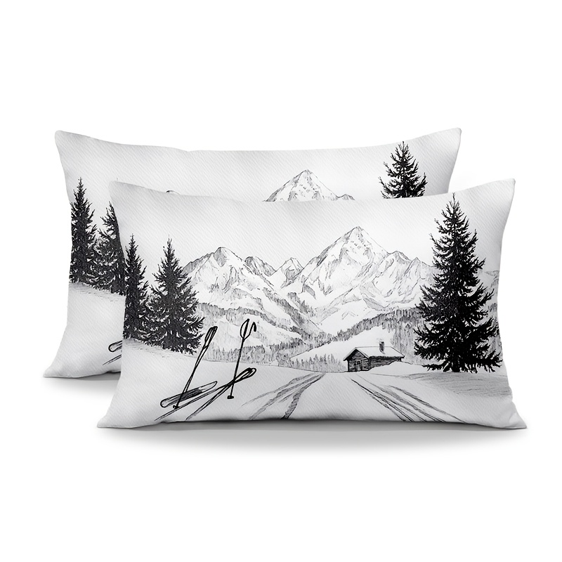 

2pcs Vintage Winter Plush Pillow Covers 12x20" - Landscape & Cabin Design With , Decorative Lumbar Cushion Cases With Zipper, Ideal For Sofa & Bedroom Decor, Hand Wash Only