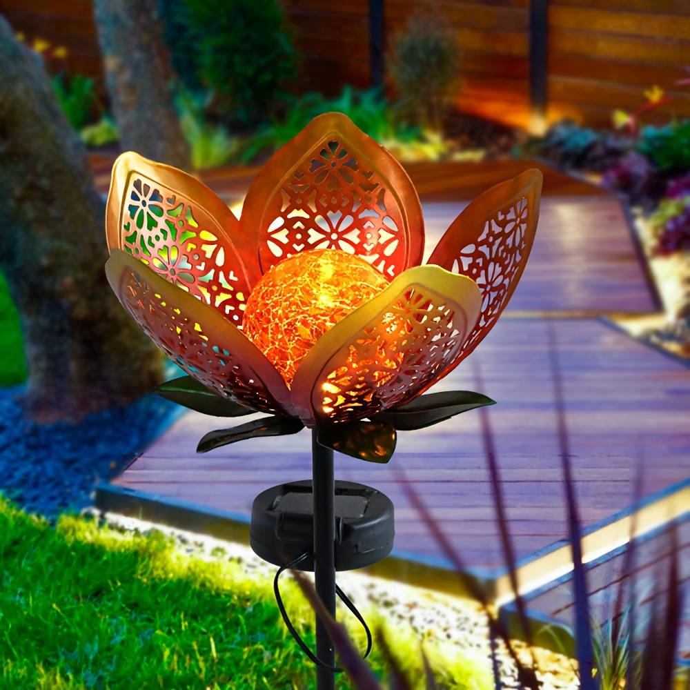 

Solar Garden Lights Outdoor - Pack Of 1, Metal Flower Decorative Figurine Lights With Lacquered Finish, Solid Pattern, Rust Resistant With Light Sensor Control, Solar Powered 600mah Nickel Battery