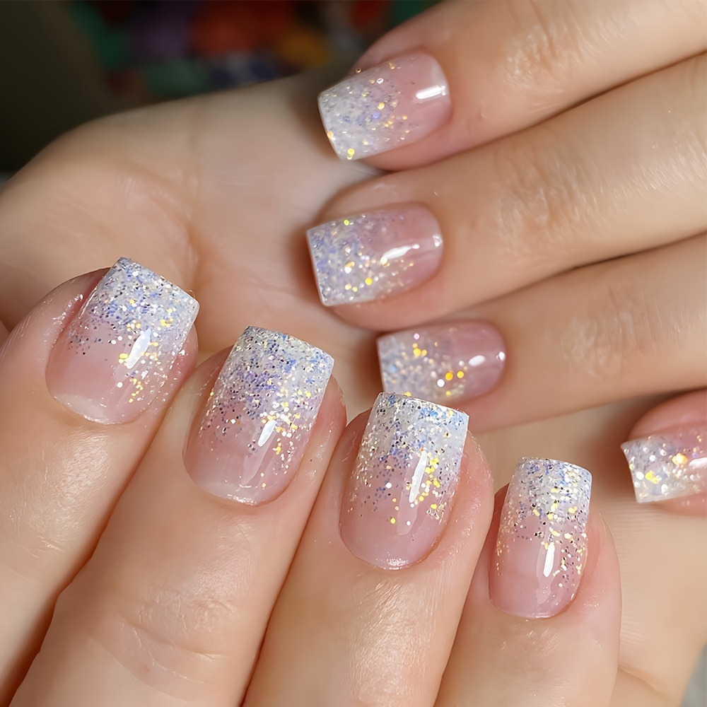 Glossy Pink French Tip Press Nails Sparkling Glitter Short - Temu
