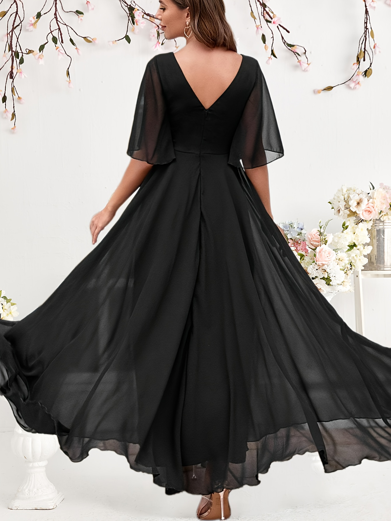 black floral embroidered chiffon maxi dress Gothic Black Floral Mesh Dress with Chiffon Layers main image 1