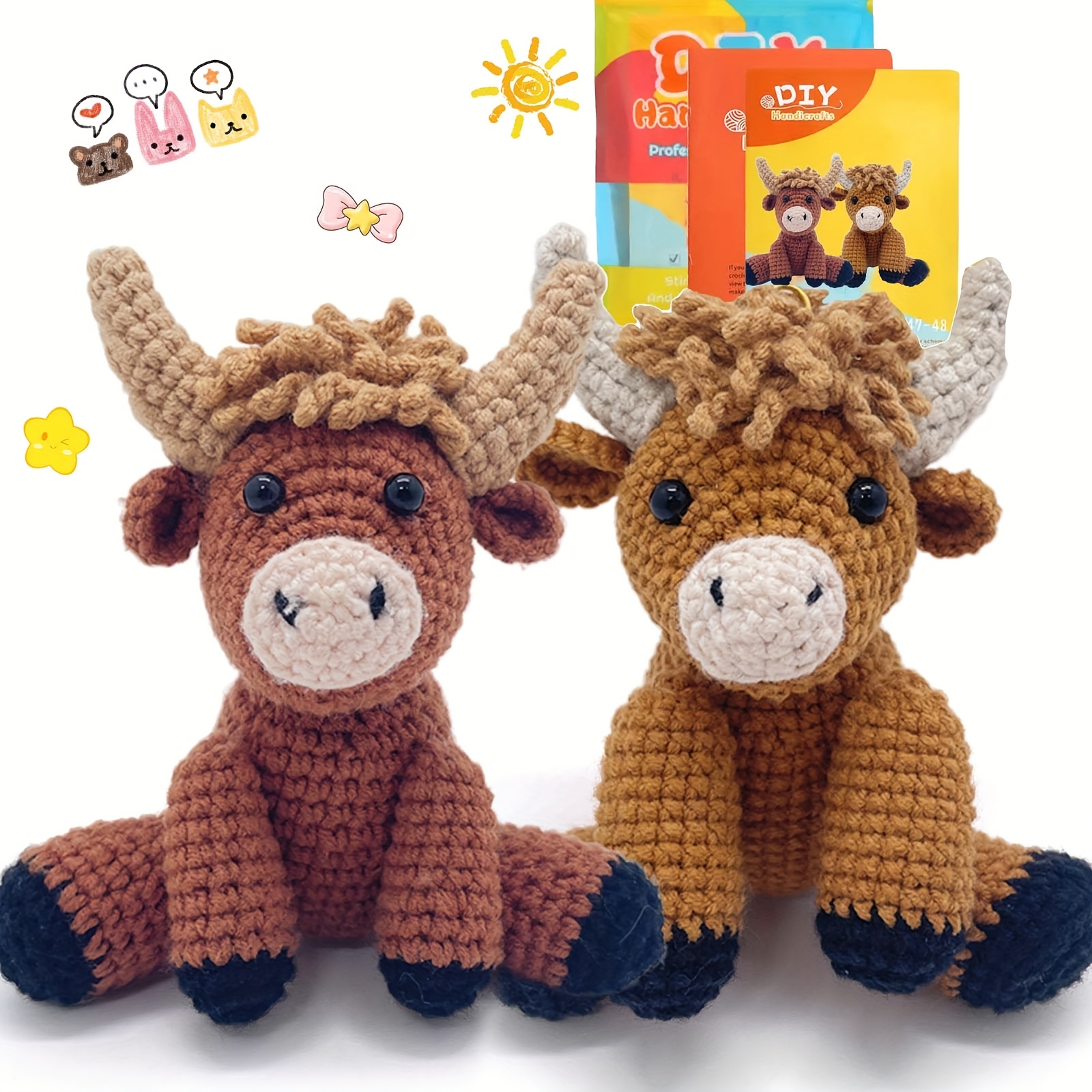 TEMU Highland Cow Crochet Kit For Beginners, 2pcs Animals Amigurumi Crochet Starter Kit With Video Tutorial, Easy Knitting Set For Adults For All Age