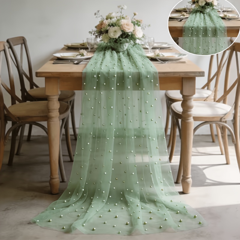 TEMU 1pc Sage Green Table Runner, Gentle Versatile And , Classic Exquisite Pearl Mesh Craft, Premium Fine Polyester Fabric. Skin-friendly Breathable