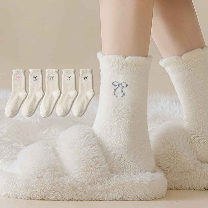 

5pcs Women's Plush Mid-calf Socks, Fleece Lined Home Socks With Bow Detail, Soft Comfortable Floor Sleep Socks For Cold Weather