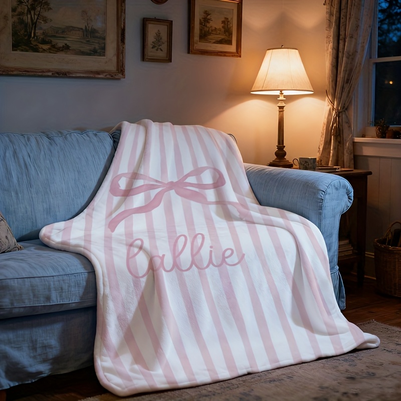 Customizable Pink Bow Print Flannel Blanket