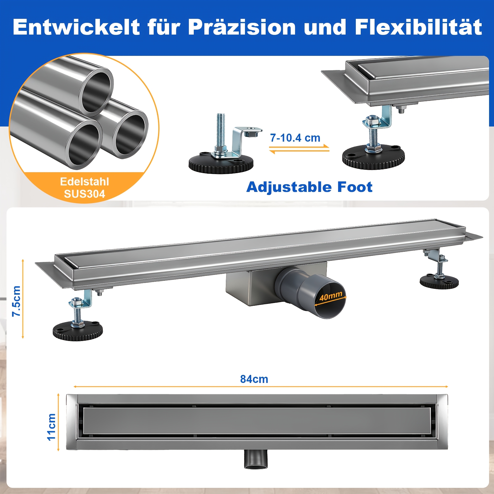 Image of Stainless Steel Shower Drain Channel - Heavy-duty Bathroom Floor Drain, -clog Design, With Adhesive Tape & Screws, Corrosion-resistant, Modern Rectangular Grate For Shower Bathtub Area