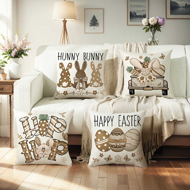TEMU 4pcs Linen Easter Throw Pillow Cover With Bowknot Back Rabbit And Car Print Sofa Cushion Cover Decorative Single-sided Print Without Pillow 18in*18in