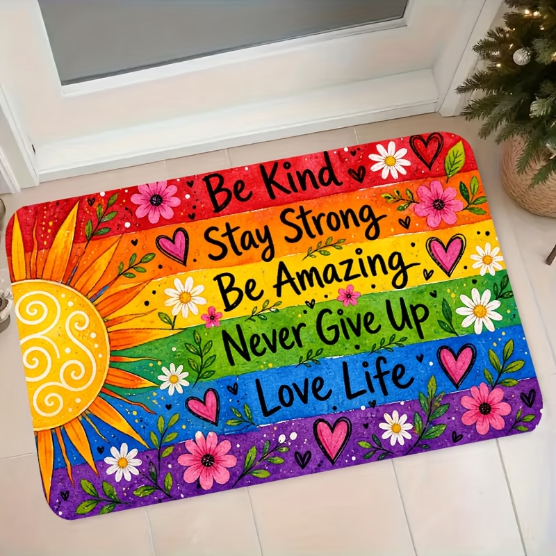 TEMU 1pc Colorful Sun Positive Quote Printed Floor Mat, Multicolor Non-slip, Machine Washable Fleece Carpet, Suitable For Home Decor, Entrance,