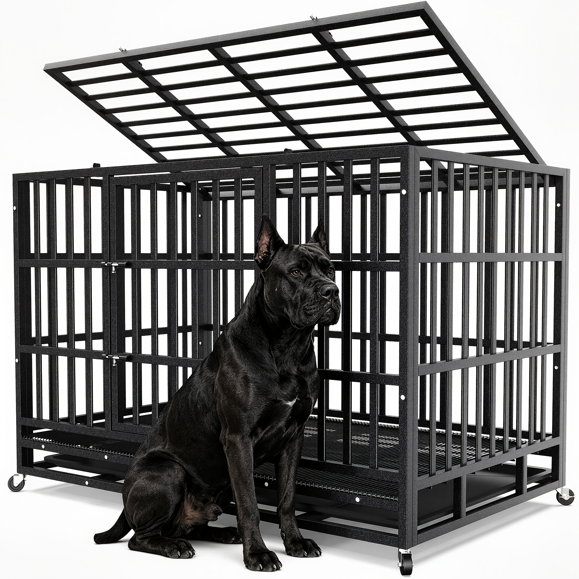 TEMU 42 In/48in Heavy Duty Dog Crate Metal Dog Cage With Wheels And Escape-proof Locks Top Opening Large Dog Kennel Removable Tray Easy Assembly