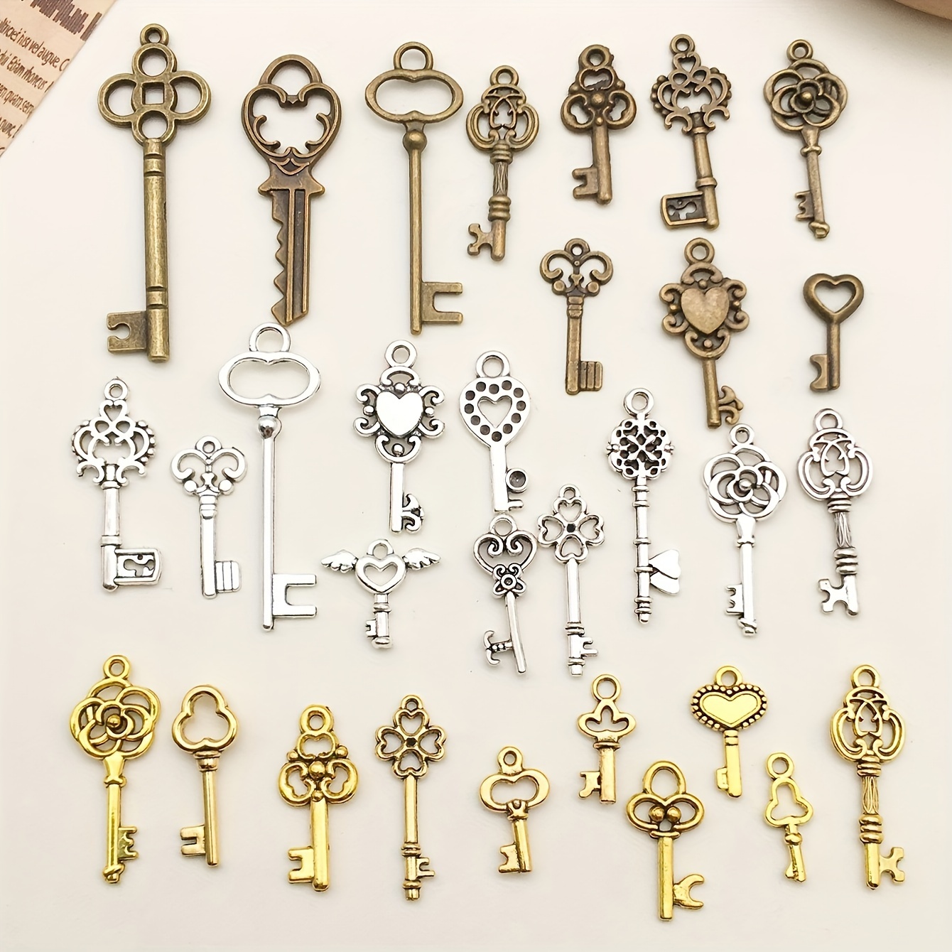 

30 Pcs Vintage Key Charms: A Charming Mix Of Antique Bronze, Silver, And Golden Pendants For Diy Jewelry Making