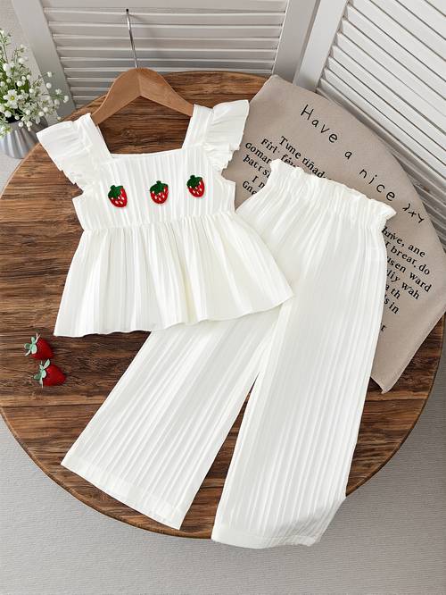 girls fashion strawberry fruit decor solid color puff sleeve square neck top and elastic waist straight long pants wide leg pants daily outdoor gift for birthday holiday present cute kids vacation play outfits breathable c