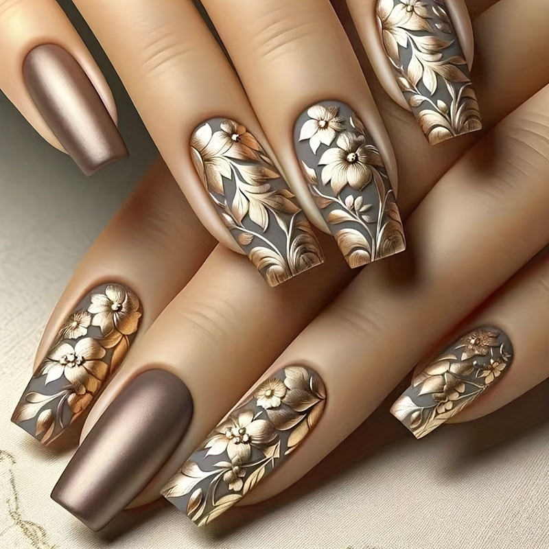 

24pcs Elegant Press-on Nails Set For Women - Long , With Golden Floral Accents, Includes Jelly Adhesive & Nail File