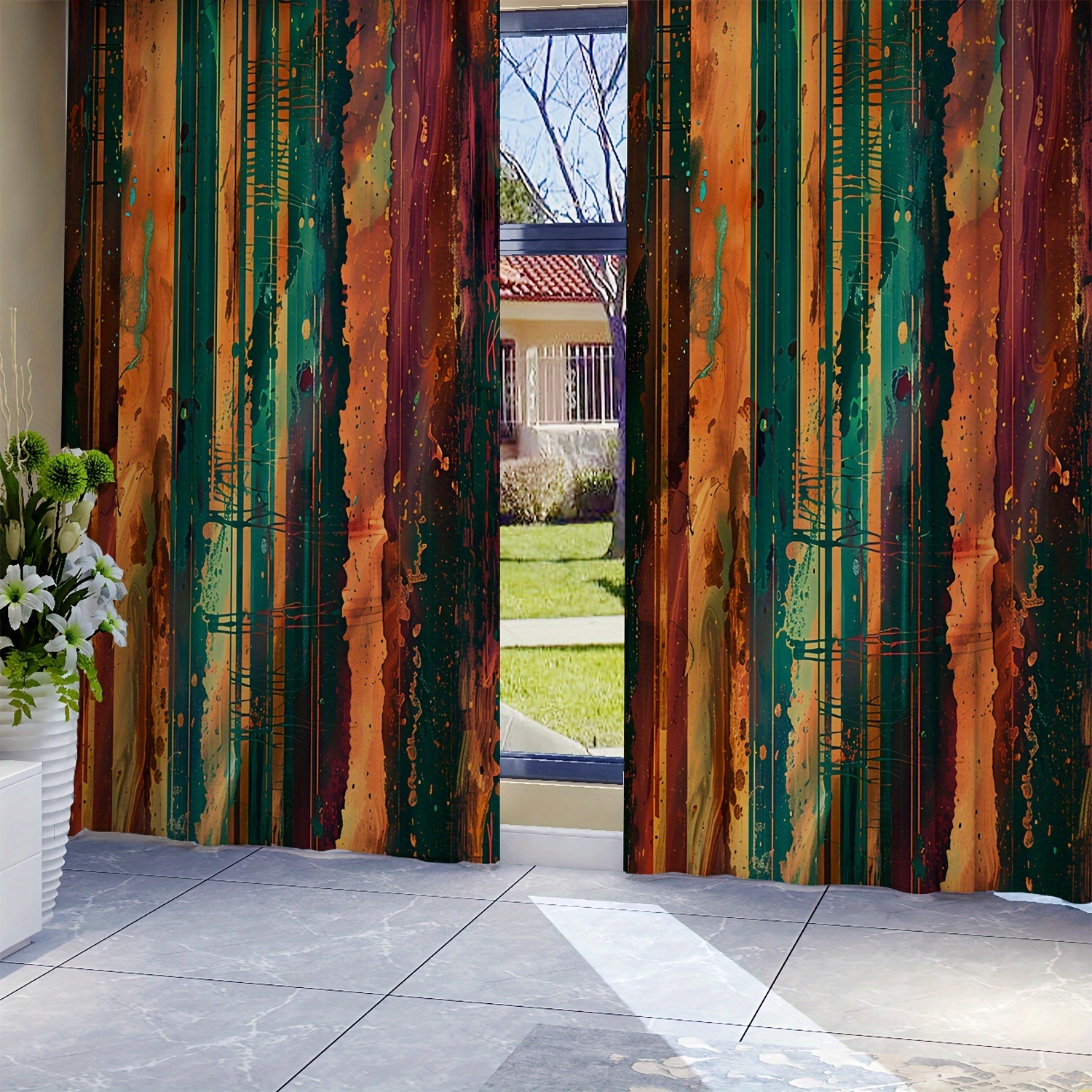 

Vintage-inspired Striped Print Light-filtering Curtain Panels - Set Of 2, Woven Polyester Rod Pocket Drapes For Living & Bedroom, Machine Washable Artistic Home Decor
