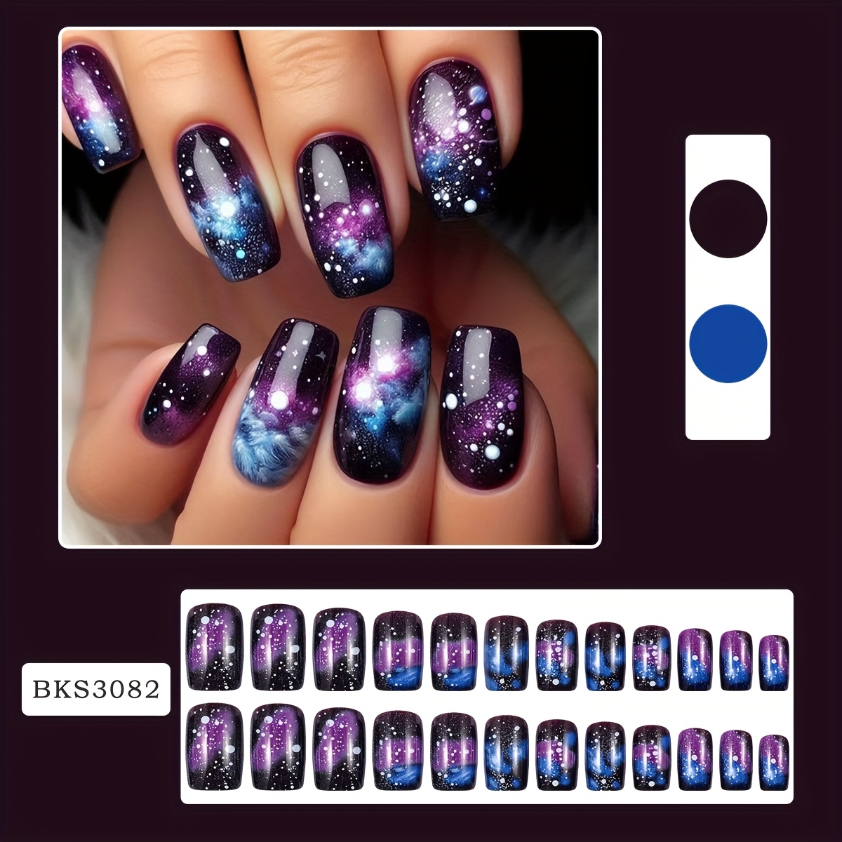 Image of 24pcs Blue-purple Starry Sky Ombre Short Square Wearable Nail Tips Wearable Nails Finished Nail Stickers With Jelly Glue And Nail File