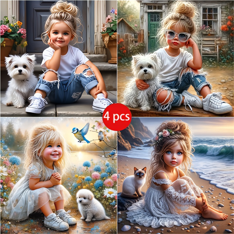 

4-pack 5d Diamond Painting Kits With Adorable Puppies, Round Acrylic Diy Mosaic Art Set, Number Painting, 20x20cm, Craft Gift For Birthday & Holidays