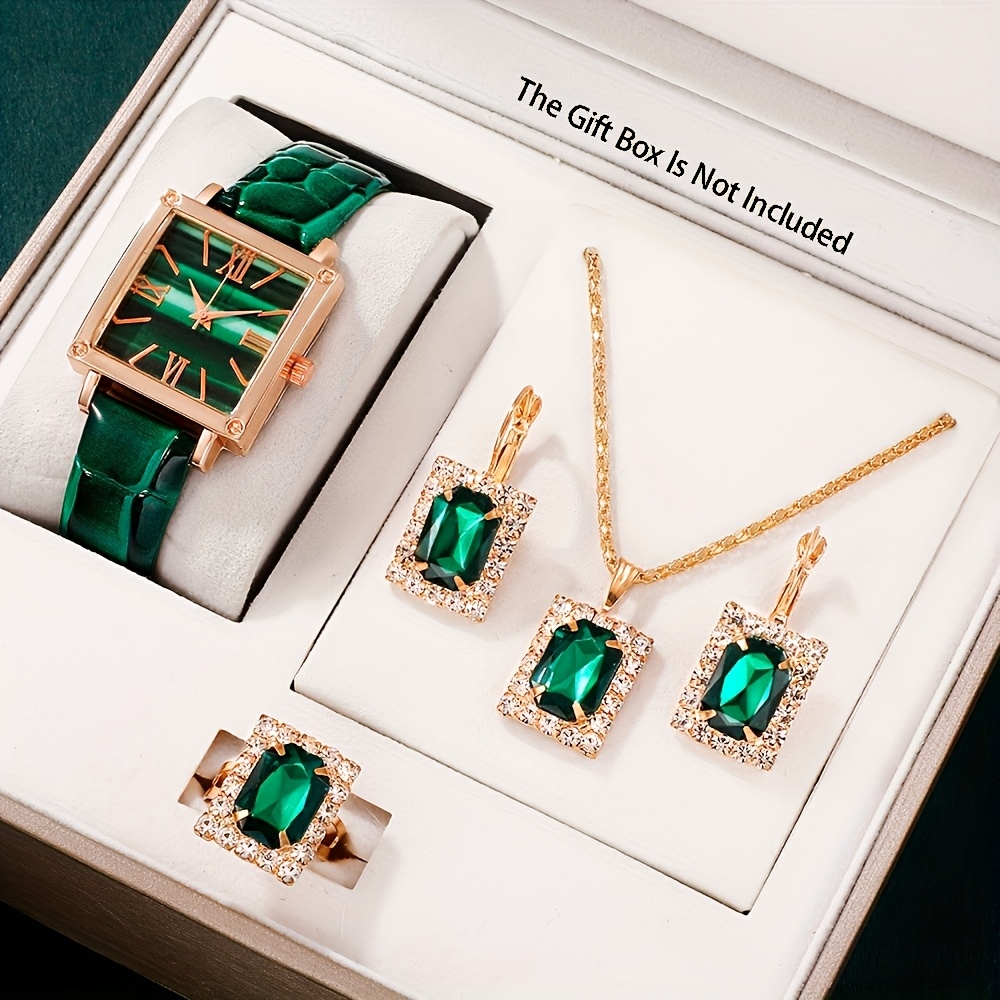 TEMU 5pcs Elegant Women' Square Dial Quartz Watch, Ring Earrings Necklace Fashion Jewelry Set