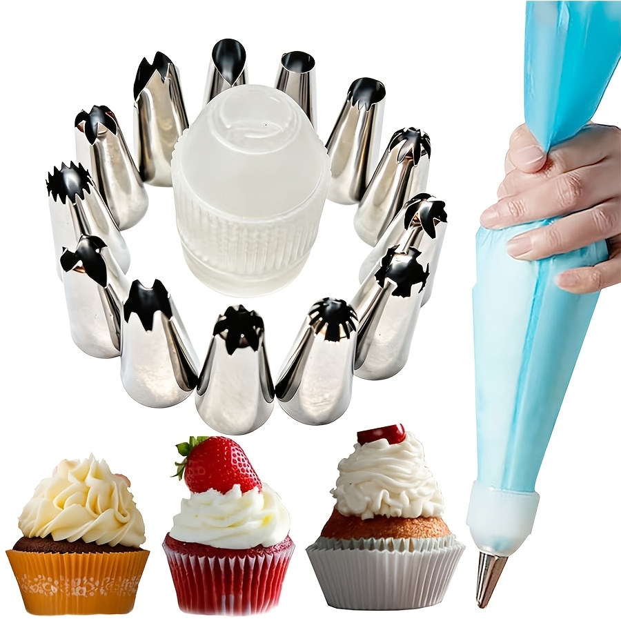 E-shop 15 Stück Mittelgroße Creme Spritztüllen, 2 cm (0,8 Zoll) Spritztüllen, Kompatible Adapter Kupplungen und 1 wiederverwendbare Spritzbeutel,