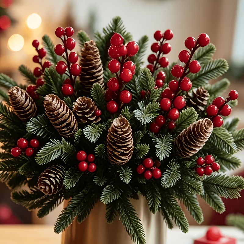 imagen del artículo Juego de 31 piezas de decoración navideña, con agujas de pino artificiales, piñas artificiales y ramos de bayas rojas artificiales. Adecuado para decoración del hogar, decoración de cocina y decoraciones navideñas. Se puede usar para decoración de árbol de Navidad, decoración de coronas y colocar en