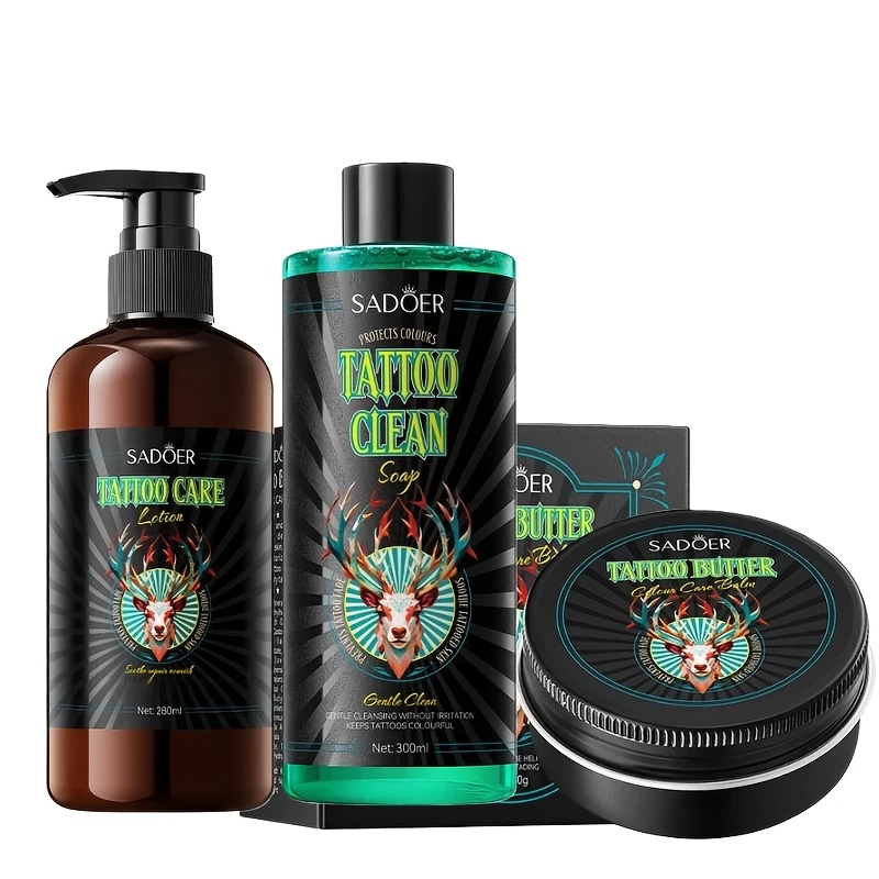 TEMU Tattoo Kit | Includes 40g Aftercare Cream, 9.46oz Brightening Moisturizer, And 10.14oz Cleansing Mousse | Vibrant Colors, Moisturizing And