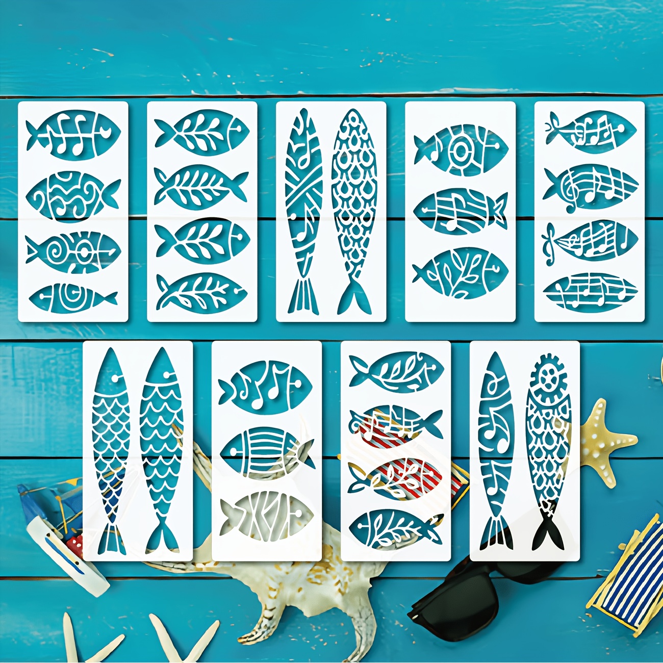 TEMU Ensemble de 9 pochoirs réutilisables de grande taille de poisson géométrique, incluant des modèles de corps linéaires et circulaires—convient