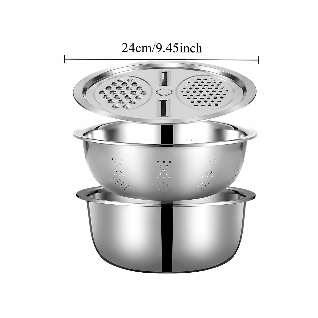 Image of 3pcs 9-inch And Stainless Steel Set | Vegetable Cutter, Colander, Mixing Bowl, And Slicer | Dishwasher-safe Salad Prep Set With Drain Basket For And Durability