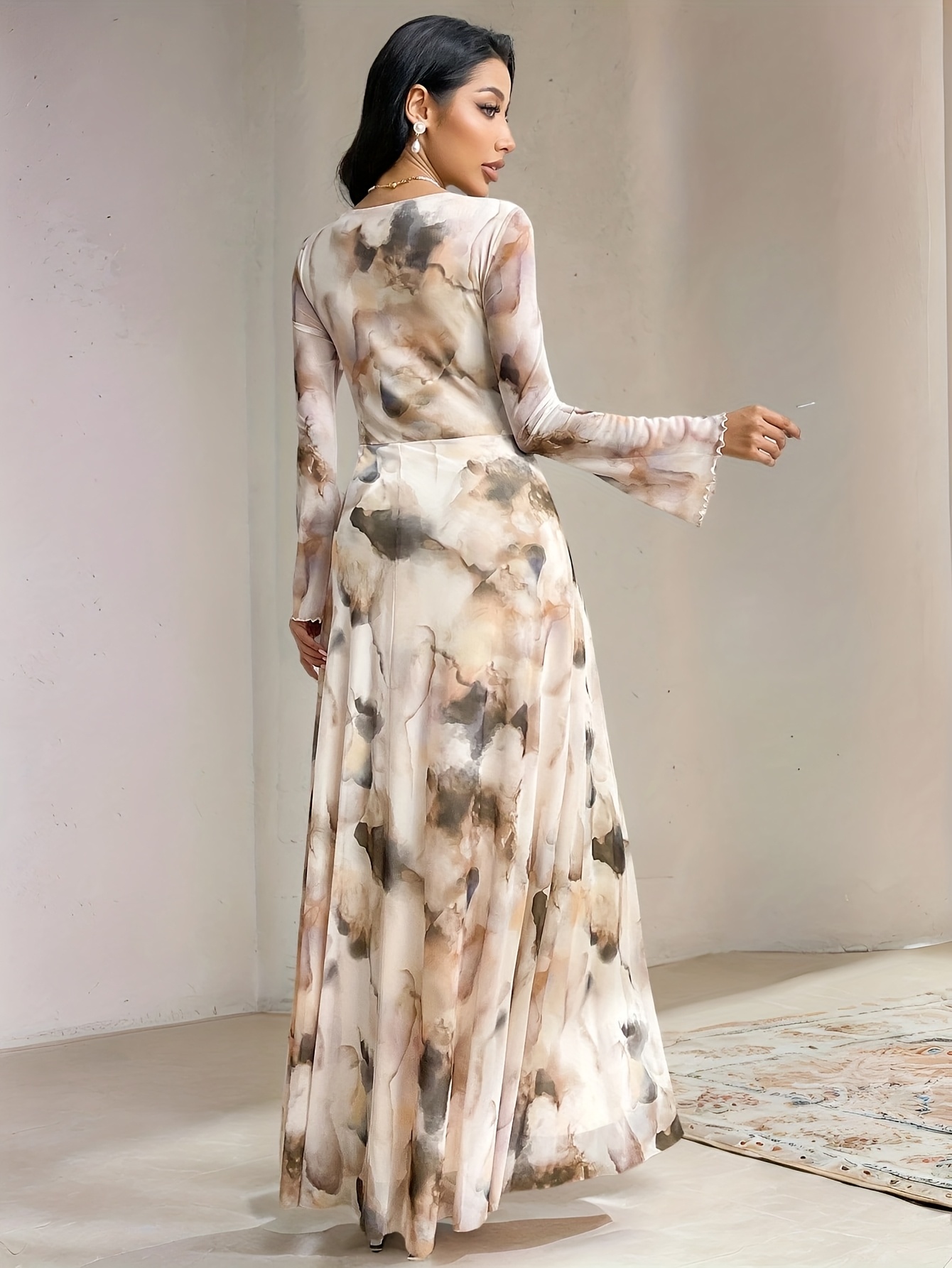 elegant long sleeve tie dye maxi dress women round neck - Temu Oman