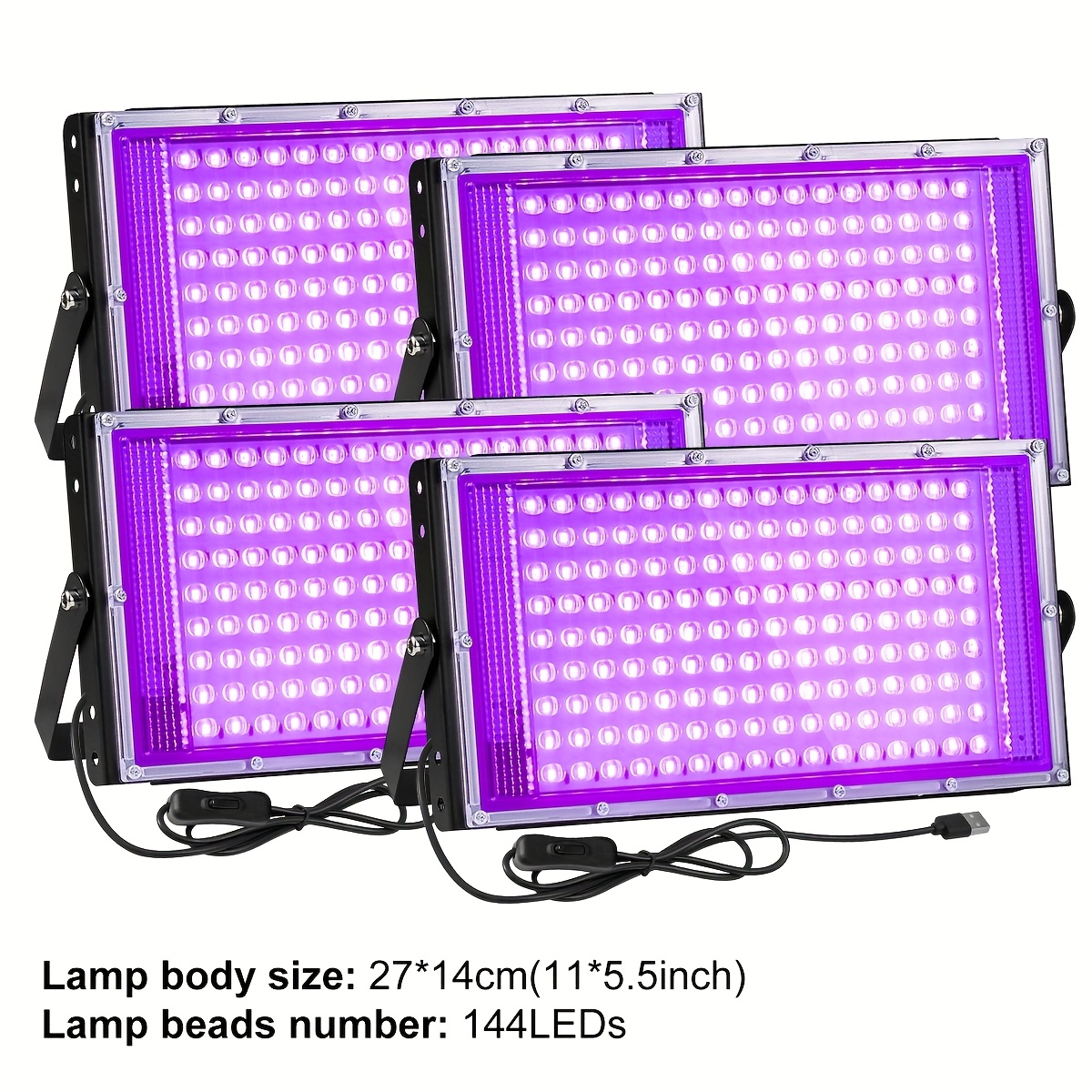 4  144led uv   blacklight flood light with usb plug and switch 385 400nm for halloween party glow in the dark stage lighting body paint fluorescent poster neon glow