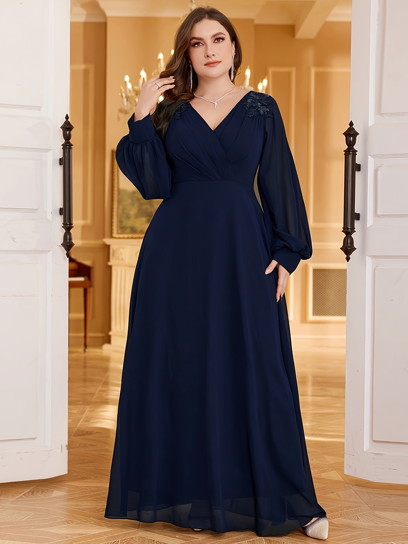 plus size womens elegant v neck lantern sleeve evening gown - Temu