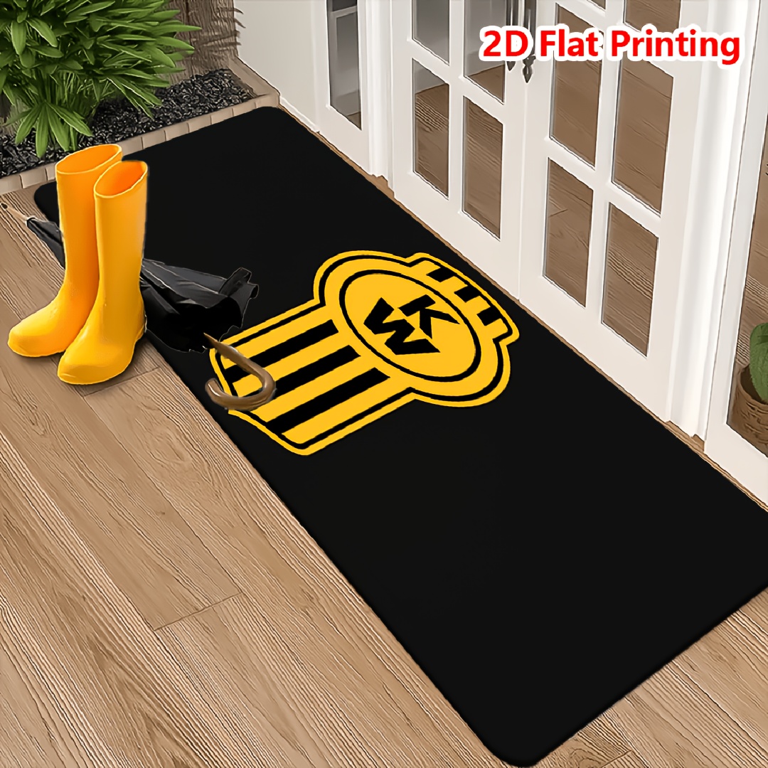 TEMU Product [flannel + 1cm Thick Sponge Material] Fun Doormat | Golden Shield Emblem Kw Letter Logo Black Background Pattern Printed Doormat,