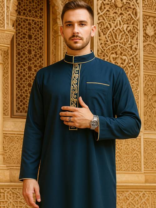 1pc mens eid al sacrifice festival festive attire middle eastern traditional cultural costume arab muslim islamic navy long sleeve stand collar golden embroidery robe clothing robe costume suitable as a holiday gift for friends and