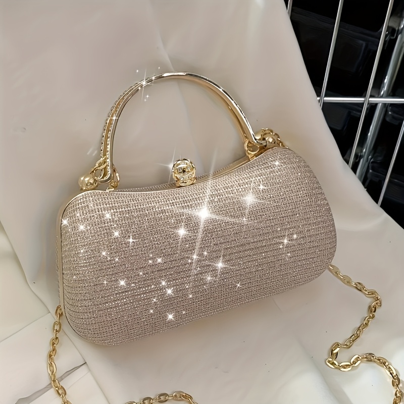 TEMU 1pc Elegant Mini Decorative Sparkling Box Bag With Detachable Chain Strap- Sparkling Golden Handbag Women's Crossbody Bag, Perfect For Weddings