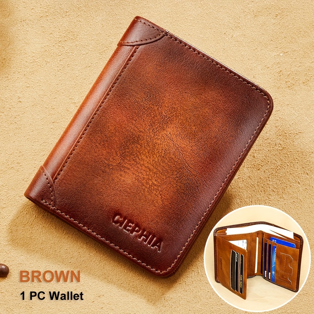 TEMU 1pc Men's Genuine Leather Zipper Wallet, Top Layer Cowhide Rfid Blocking Wallet, Vintage Multi-functional Wallet With 2 Id Card Windows, Ideal
