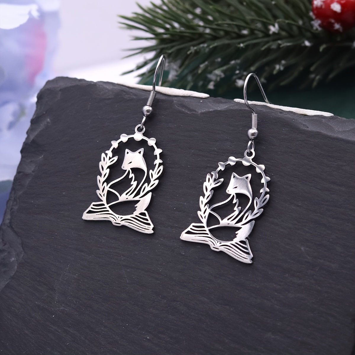 Stainless Steel Hollow Wreath Fox on Book Dangle Earrings