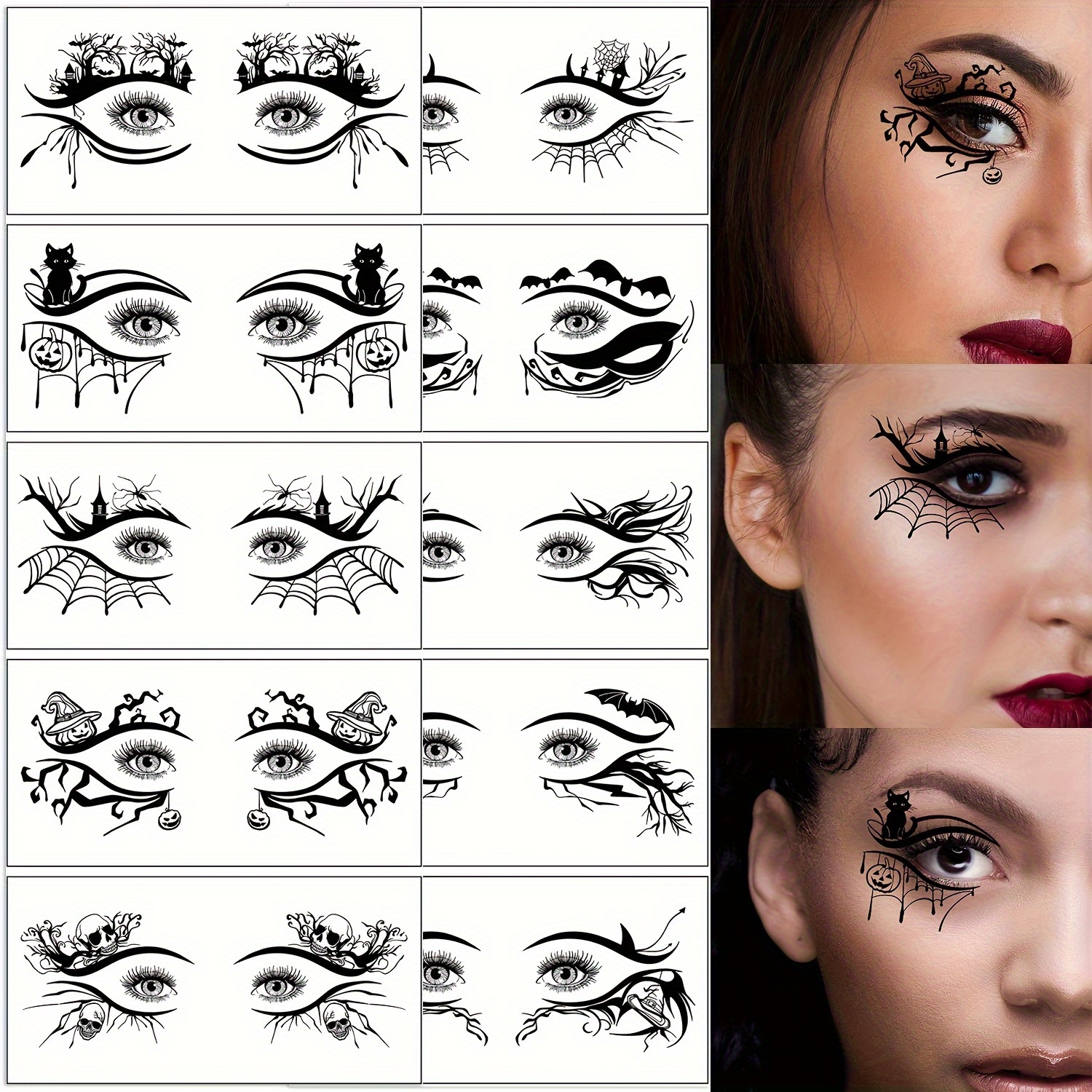 

Halloween Eye Temporary Tattoos (10 Sheets), Spooky Skeleton, Pumpkin, Cat, Bat, Spider & Web Designs For Costume Makeup, Festive Party Face Stickers