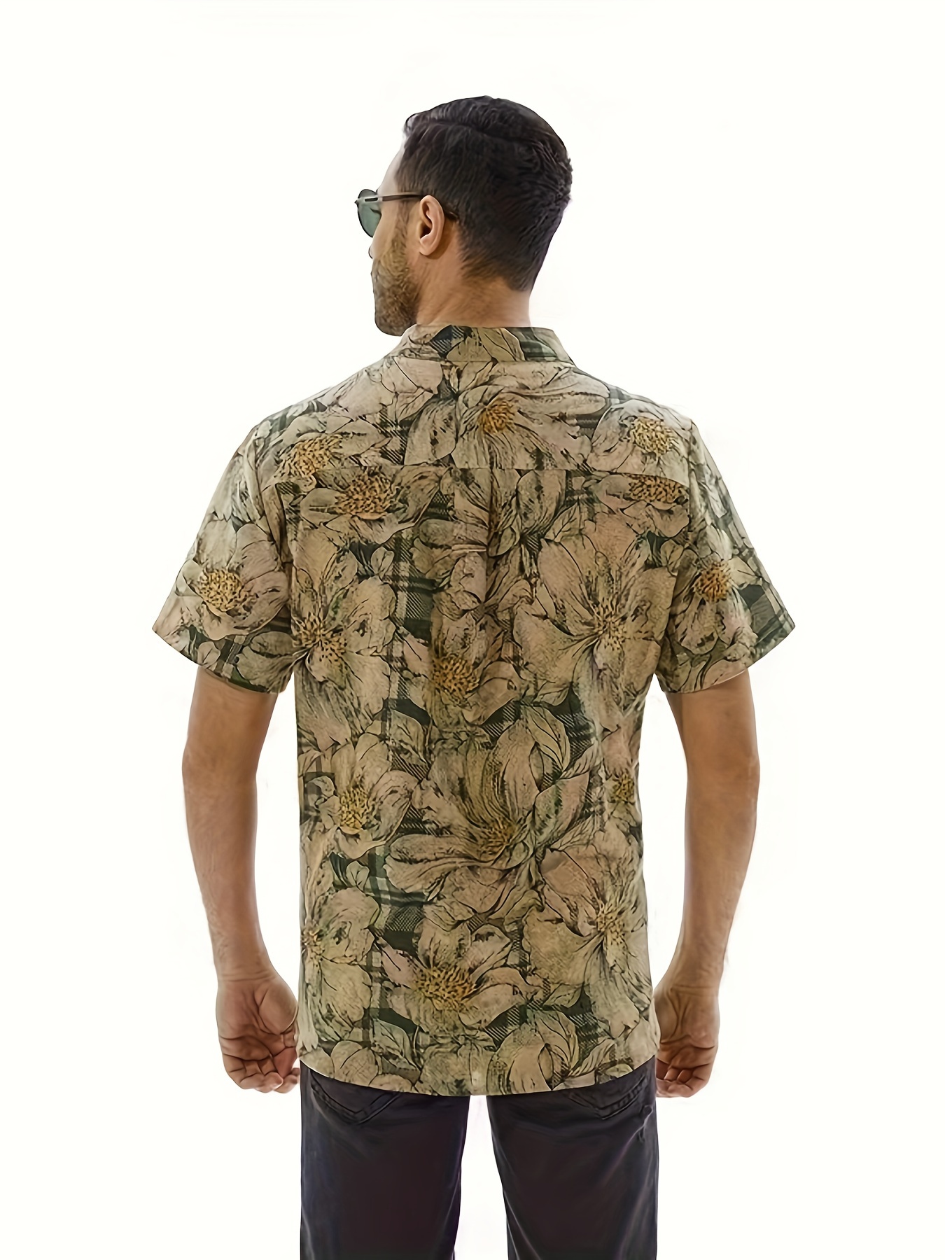 floral print short sleeve henley shirt, men's casual cotton and linen blend stand collar short sleeve henley shirt for summer holiday army green 1