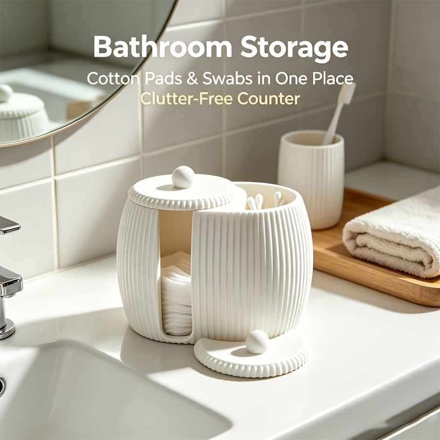 TEMU Minimalist Striped Plastic Makeup Storage Box, Bathroom Storage Jar With Lid, -one Bathroom Swab Holder, Neat Countertop Decor For Washstand,