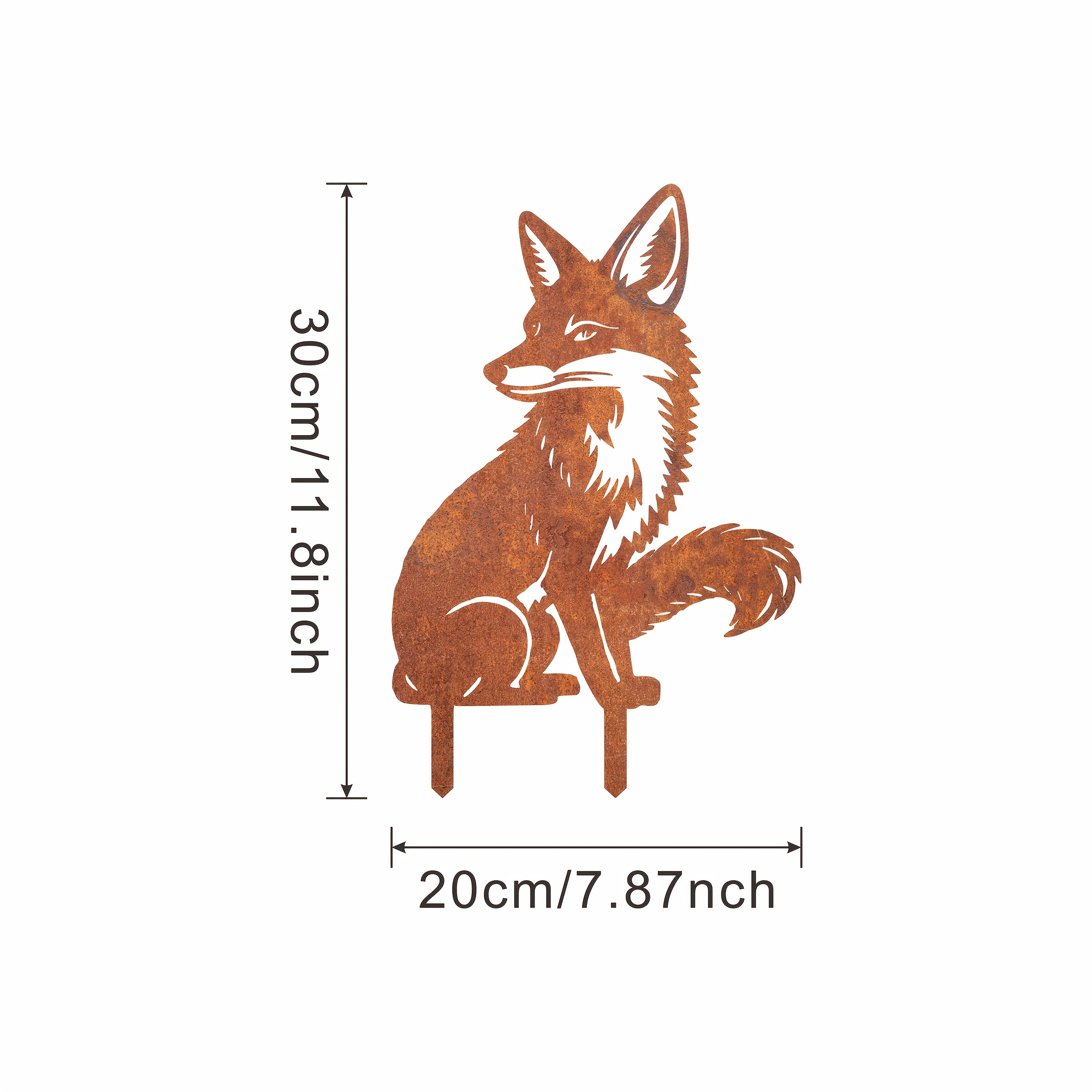 E-shop [2D Flach] Rostiger Metallfuchs für Terrasse Garten, in den Boden gesteckt, sitzend nach hinten schauend, rostiger Metallfuchs als