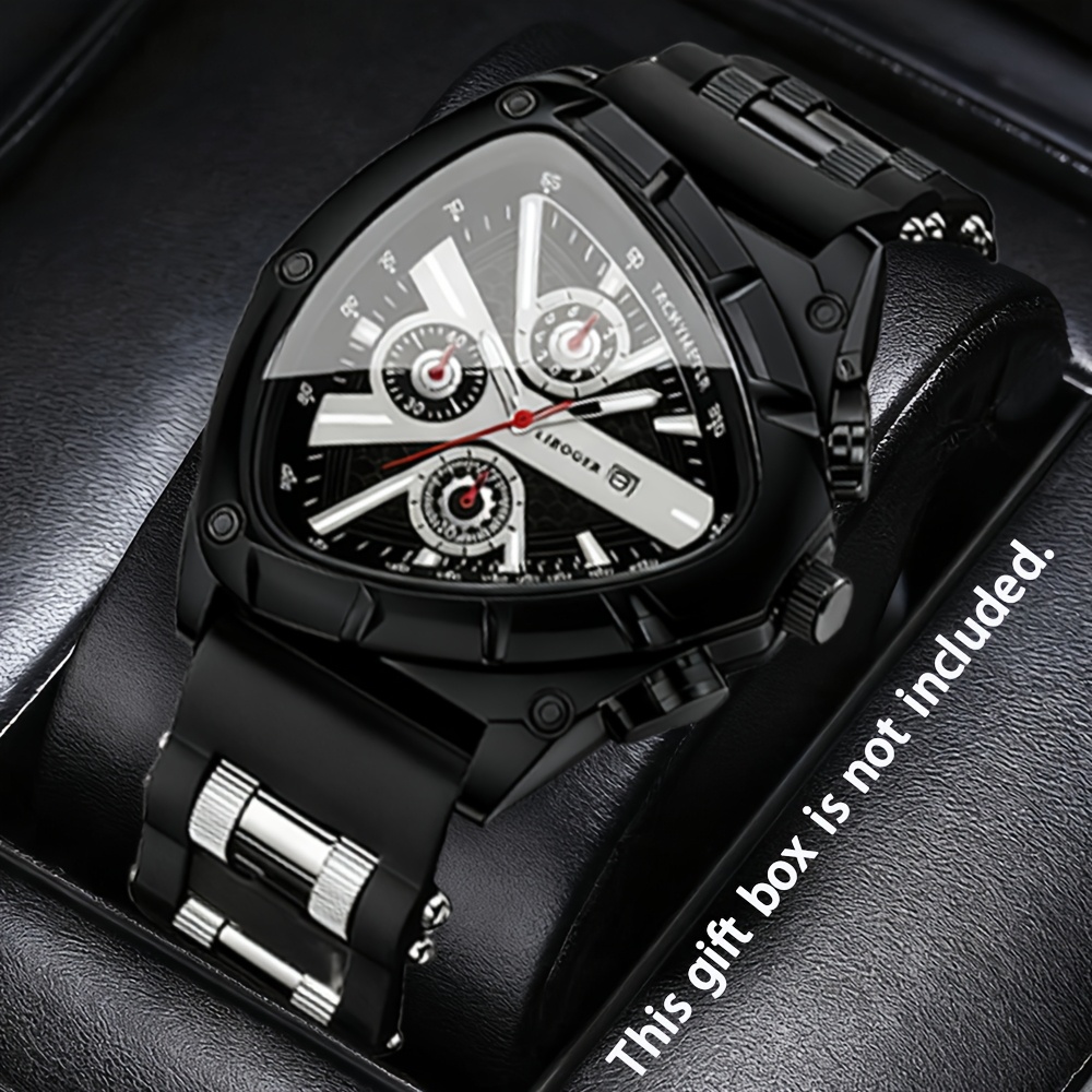 3pcs Set Men'S Quartz Watches with Silicone Strap & Date Display - Classic Triangular Dial, & Golden-Tone Case, Non-Rechargeable Battery, Casual & Sporty Wear