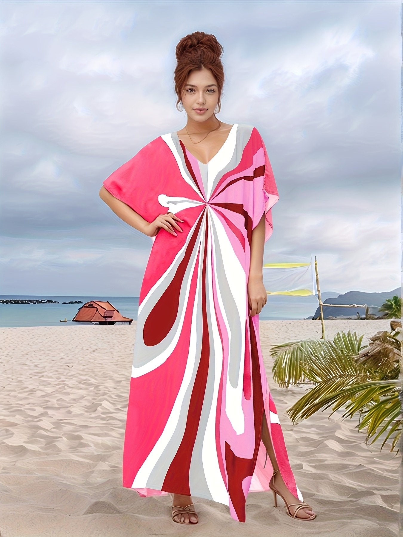 women's long robe dress v-neck ethnic print kaftan dresses for women  embroidery loose oversized swimwear beach cover up batwing sleeve vacation  outfits bikini coverups | High-quality & Affordable | Temu